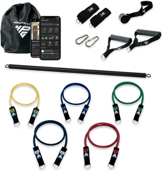 HomeProGym Stackable Resistance Band Set - with Up to 450LBS of Resistance, Band Bar, Premium Handles, Heavy Duty Door Anchor, Padded Ankle Straps, Digital Workout Guide
