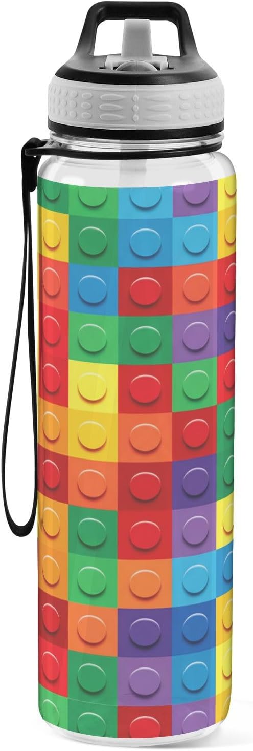 Colorful Building Blocks 32oz Sports Water Bottle with Straw – BPA Free, Leakproof, Reusable, Large Capacity Gym Bottle for Travel, Fitness, Outdoor Use