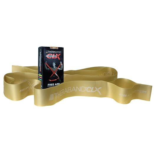 THERABAND CLX Resistance Band with Loops, Fitness Band for Home Exercise and Full Body Workouts, Portable Gym Equipment for Home Training, Gift for Athletes, Individual 5 Foot Band, Gold, Max, Level 8