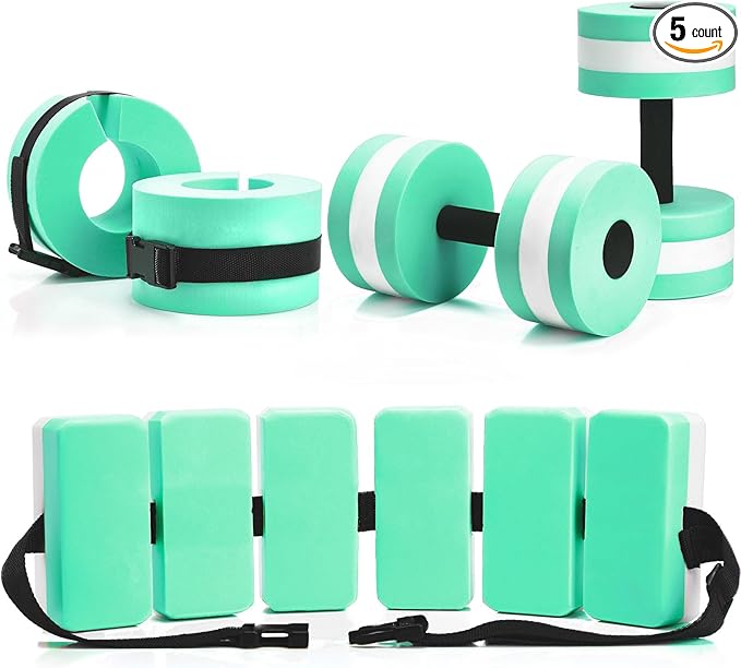 5 Pcs Pool Aquatic Exercise Set Including 2 Lightweight Water Dumbbells, 2 Ankle Swimming Weights, and Swim Belt Water Exercise Equipment for Aquatic Aerobics