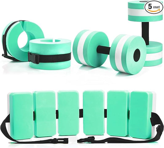5 Pcs Pool Aquatic Exercise Set Including 2 Lightweight Water Dumbbells, 2 Ankle Swimming Weights, and Swim Belt Water Exercise Equipment for Aquatic Aerobics