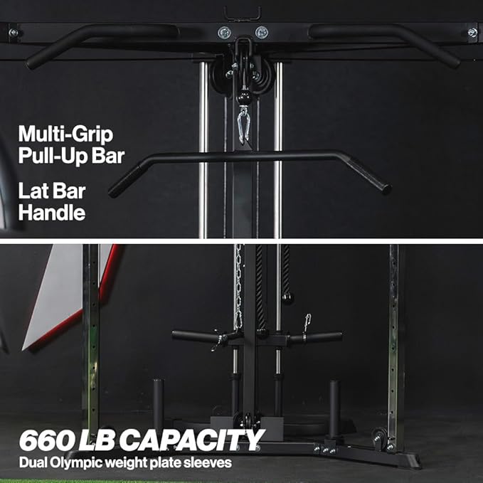 Titan Fitness Plate-Loaded Functional Trainer, Cable Crossover Machine with 660 LB Capacity, Smooth Fiberglass-Reinforced Cables, Multi-Grip Pull-Up Bar, LAT Bar, Low Row, Dual Stirrups