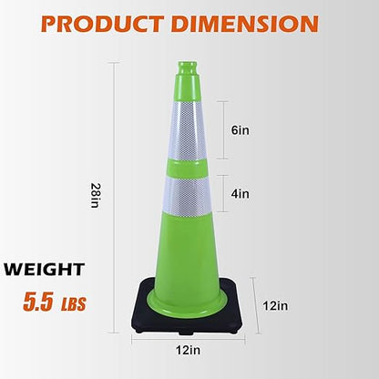 4 Pack 28 Inch Green PVC Traffic Cones Black Base Stable Flexible, Road Safety Construction Zone Crowd Control Safety Cones Outdoor Use (4, Green, 28 Inch)