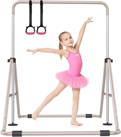 SHIWEI Gymnastics Bar for Kids, Foldable Gymnastic Bar with 5 Adjustable Height, Expandable Training Equipment for Indoor/Outdoor