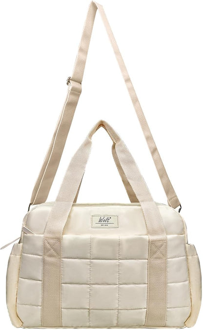 WOLT Small Gym Bag for Women, 14 inch Lightweight Gym Duffle Bag with Wet Compartment Quilted Tote for Sports Workout, Beige