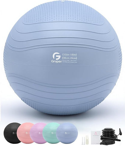 Gruper Yoga Ball, Extra Thick Exercise Ball for Workout Pregnancy Stability - 4 Sizes Anti Burst Balance Ball for Yoga, Pilates, Fitness, Birthing, Physical Therapy - Includes Pump