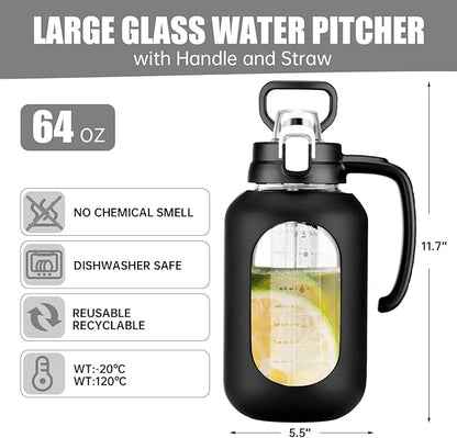 64 oz Glass Water Bottle with Handle and Straw Large 2L Water Bottle with Time Markers and Silicone Sleeve Half Gallon Water Jug BPA Free for Gym Daily Use