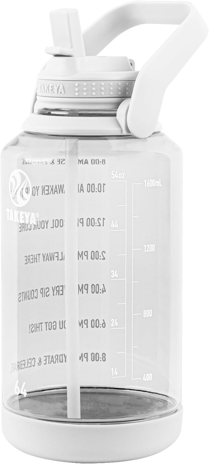 Takeya Tritan 64 oz Motivational Water Bottle with Straw Lid - Durable, BPA-Free - With Time Marker - Leakproof & Non-Slip Bumper - Cloud White