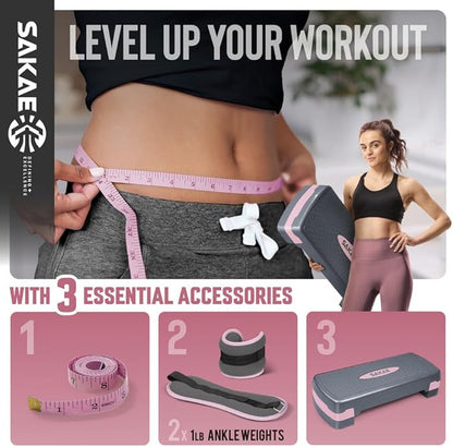 Adjustable Height Aerobic Stepper Set, Multiple Bundle Options with Dumbbells, Kettlebell, Waist Trimmer, Ankle Weights or Weighted Vest, Workout Exercise Step Platform w/Level Risers, 4 Colors