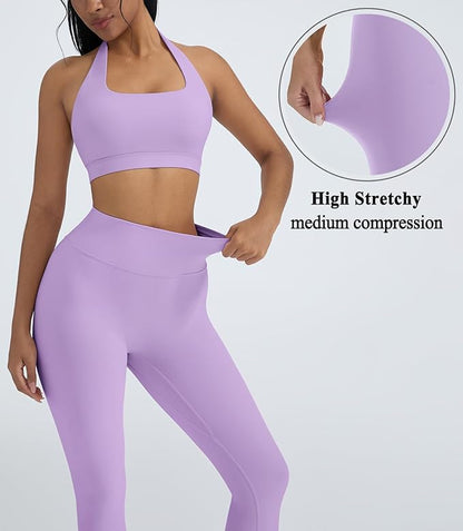 OMKAGI 2 Piece Workout Sets for Women Halter Sports Bras Gym Sets Booty Leggings Outfits