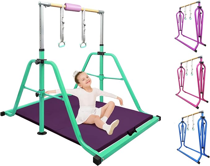 Foldable & Moveable Gymnastics Horizontal Bar with Rings,3’to 5’Adjustable Height Expandable Junior Kip Bar for Home,Indoor Gym Equipment for Kids