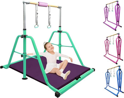 Foldable & Moveable Gymnastics Horizontal Bar with Rings,3’to 5’Adjustable Height Expandable Junior Kip Bar for Home,Indoor Gym Equipment for Kids