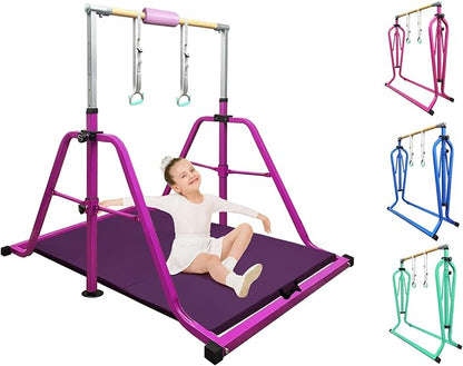 Foldable & Moveable Gymnastics Horizontal Bar with Rings,3’to 5’Adjustable Height Expandable Junior Kip Bar for Home,Indoor Gym Equipment for Kids