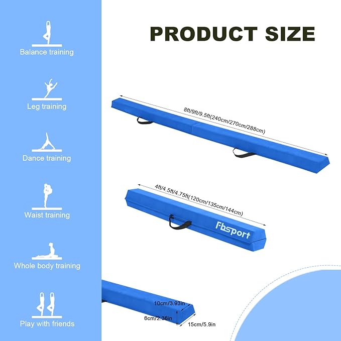 FBSPORT 8ft/9ft/9.5ft Balance Beam Folding Gymnastics Beam Foam Balance Floor Beam Equipment for Kids Adults, Suede Cover Anti Slip Base with Carry Bag for Home School Gym Training