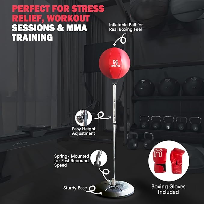 Punching Bag with Stand for Kickboxing, MMA & Reflex Training – Freestanding Heavy Bag Boxing Set with Speed Bag & Gloves – Adjustable Height for Adults & Teens – Great for Cardio