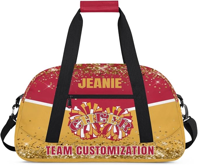 Personalized Cheer Gym Bags for Girls Kids Cheerleaders with Custom Name Sport Dance Perform Training Duffel Bags for Overnight Weekender Travel Red Yellow