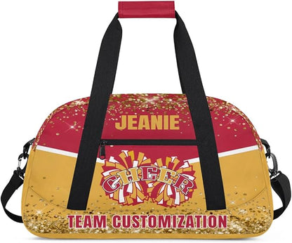 Personalized Cheer Gym Bags for Girls Kids Cheerleaders with Custom Name Sport Dance Perform Training Duffel Bags for Overnight Weekender Travel Red Yellow