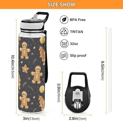 ALAZA Gold Gingerbread Leaf Merry Christmas Sports Water Bottle with Straw Tritan Drink Bottle 32 oz BPA Free Reusable for Travel Outdoor Fitness