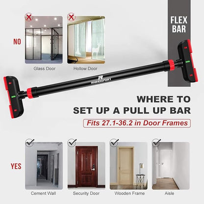 RHINOSPORT Door Pull Up Bar Doorway No-Screw from 69-92 cm (27.1in-36.2in) Workout Equipment for Home Gym Upper Body Workout Non-slip 2x EXTRA Foam Padding for Ultimate Door Frame Protection