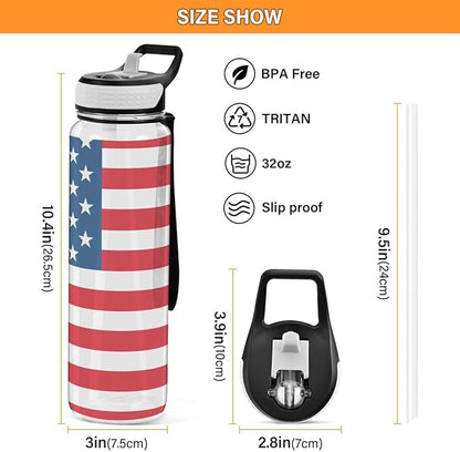 ALAZA American Flag Striped Sports Water Bottle with Straw Tritan Drink Bottle 32 oz BPA Free Reusable for Travel Outdoor Fitness