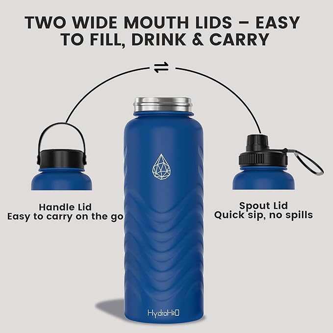24oz Stainless Steel Insulated Water Bottle, 48H Ice Cold & 24H Hot, Leak-Proof Wide Mouth Lids (Straw & Spout), BPA-Free Bottles, Mens Water Bottle for Gym, Hiking, Travel - Blue