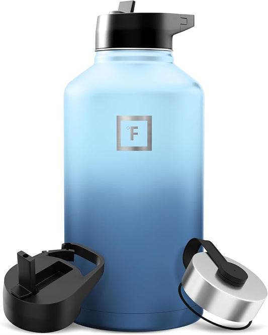 IRON °FLASK Camping & Hiking Hydration Flask with Straw, Wide Mouth Insulated Stainless Steel Sports Water Bottle - 64 oz Blue Waves