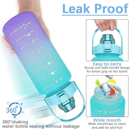 64 oz Large Capacity Water Bottle with Motivational Time Markers and Straw, Portable, Leakproof, BPA Free for Fitness, Gym and Outdoor Sports. (green gradient)
