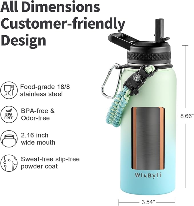 32 oz Insulated Water Bottle with Straw, Stainless Steel Triple Wall Vacuum Sports Water Jug, Leakproof Hydro Cup Flask with Paracord Handle & Straw Spout Lids & DIY Stickers