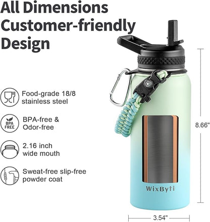 32 oz Insulated Water Bottle with Straw, Stainless Steel Triple Wall Vacuum Sports Water Jug, Leakproof Hydro Cup Flask with Paracord Handle & Straw Spout Lids & DIY Stickers