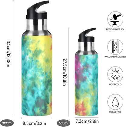 22 OZ Colorful Tie Dye Pattern Water Bottle with Straw - BPA Free Leakproof Stainless Steel Water Bottle for Women Men Water Jug for Fitness Gym Outdoor Sport