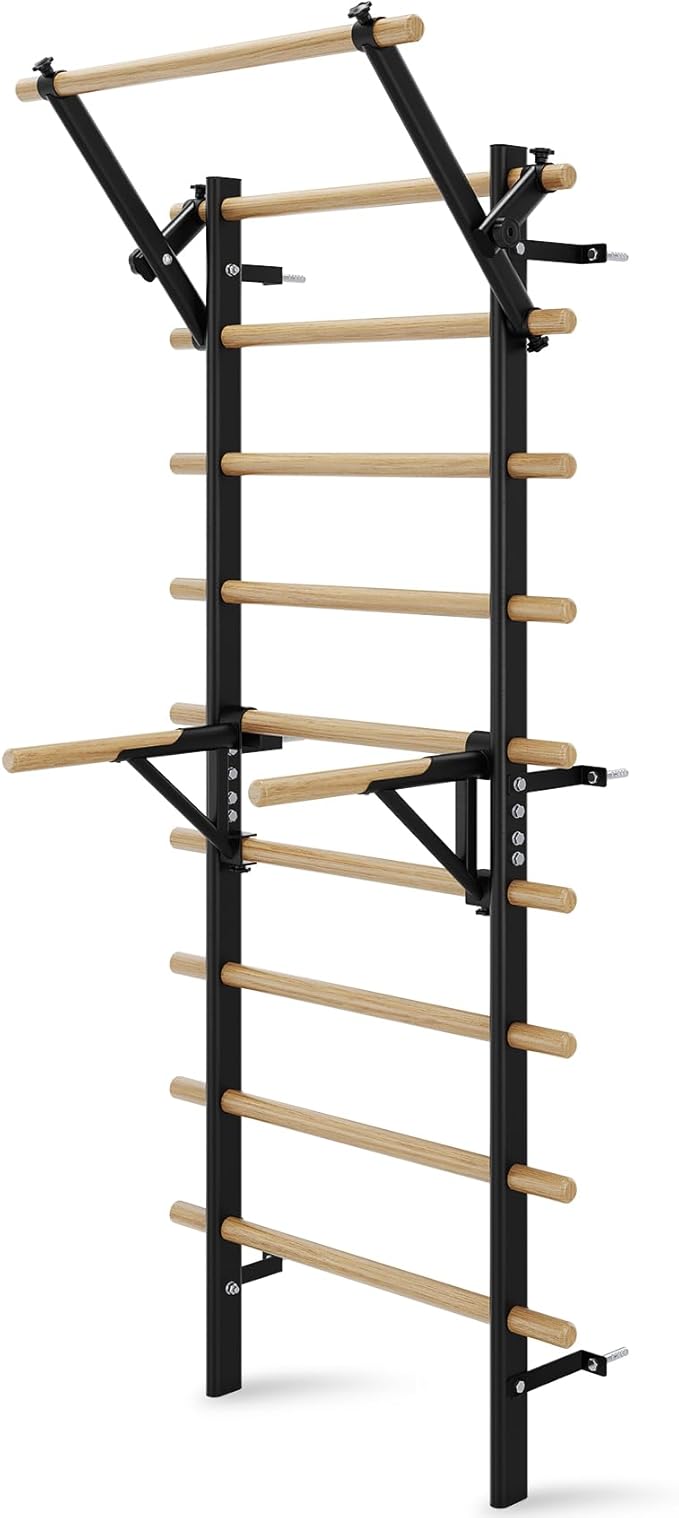 Swedish Ladder Wall Gym, Stall Bar Home Gym with Adjustable Pull-Up Bar, Dip Bar Attachments & 2pcs Resistance Band, 9 Strategic Rods for for Home, School, Hysical Therapy and Gymnastics
