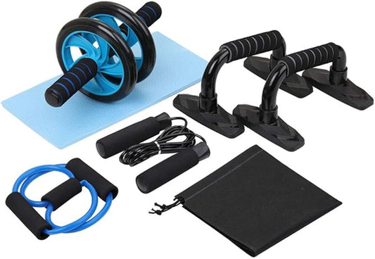 6pcs Home Gym Equipment Kit Ab Roller Wheel Push Up Bars Jump Rope Pull Band Knee Pad with Storage Bag for Househeld Indoor Fitness Exercise Workout