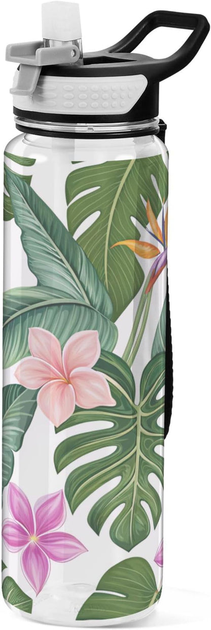 Burbuja Hawaiian Floral Palm Leaf 32 oz Water Bottle with Straw Lid, Leakproof & BPA Free Tritan Bottle for Gym Fitness Outdoor Sports