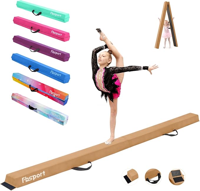 FBSPORT 8ft/9ft/9.5ft Balance Beam Folding Gymnastics Beam Foam Balance Floor Beam Equipment for Kids Adults, Suede Cover Anti Slip Base with Carry Bag for Home School Gym Training