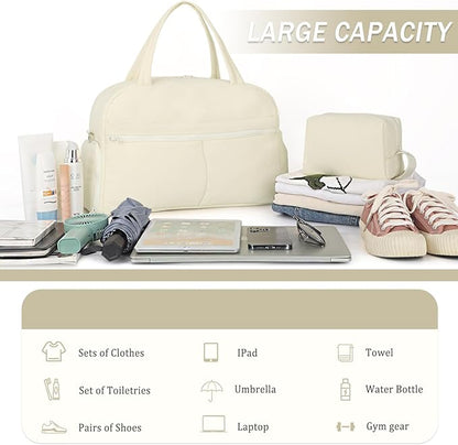 Sports Gym Bag for Women, Lightweight Travel Duffle Bags with Shoe Compartment & Wet Pocket, Weekender Overnight Bag Fitness Workout Bag with Toiletry Bag (Beige)