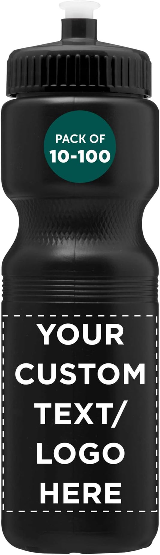 DISCOUNT PROMOS 28 oz. Custom Push Cap Plastic Water Bottles Set of 10/50/100, Personalized Bulk Pack - Perfect for Gym, Hiking, Camping, Outdoor Sports - Black