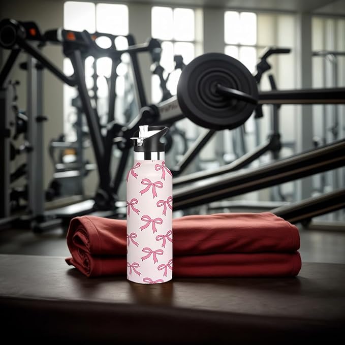 Pink Bow Sport Water Bottle with Straw, Vacuum Insulated Stainless Steel Thermal Drinking Travel Mug Cups For Gym Fitness Camping-20oz/600ml