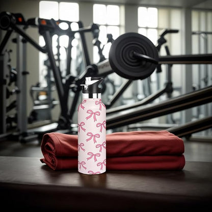 Pink Bow Sport Water Bottle with Straw, Vacuum Insulated Stainless Steel Thermal Drinking Travel Mug Cups For Gym Fitness Camping-20oz/600ml