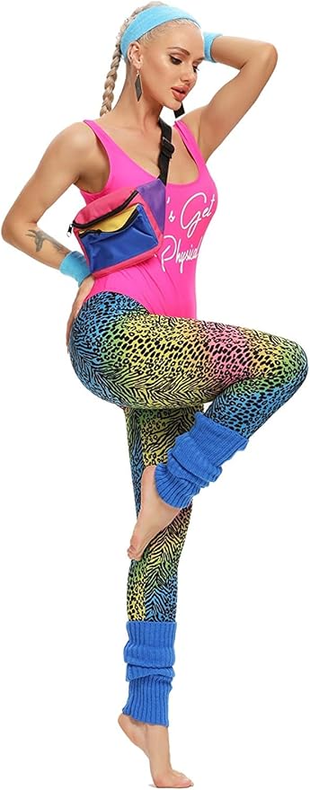 MIAIULIA Womens 80s Workout Costume Outfit 80s Accessories Set Leotard Neon Legging Headband Wristbands Set