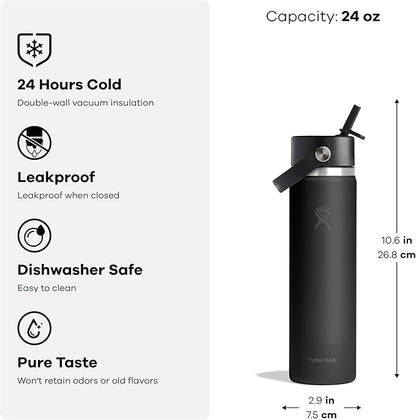 Hydro Flask Water Bottle - Insulated Stainless Steel - Wide Straw Lid, Non Spill, Leakproof in 24 Oz Tonal White