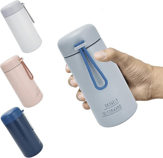 9oz Water Bottle Small Double Wall Insulated Mug,304 Stainless Steel for Hot&Cold Drinks,Leak Proof Water Bottle Vacuum Insulation with Carry Handle Grayish Blue