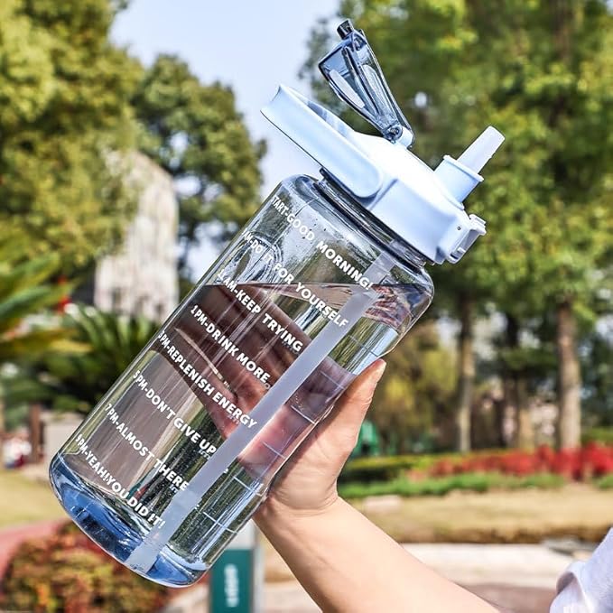 Large Capacity 2L Sports Water Bottle with Straw, Portable and Leakproof, Featuring Time Marker-Be