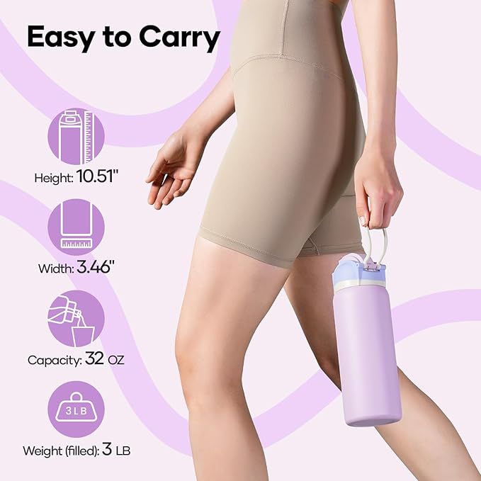 BUZIO 32 oz Insulated Water Bottle - Stainless Steel with Chug Cap, Leakproof Locking Lid, Carry Loop, Wide Mouth, Dishwasher Safe, Gym Sports Travel Work Outdoors, Gifts for Women & Men, Light Purple
