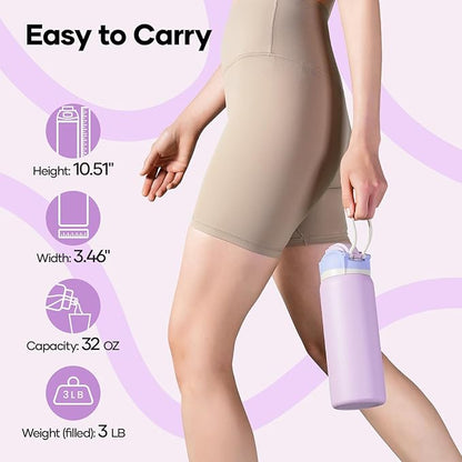 BUZIO 32 oz Insulated Water Bottle - Stainless Steel with Chug Cap, Leakproof Locking Lid, Carry Loop, Wide Mouth, Dishwasher Safe, Gym Sports Travel Work Outdoors, Gifts for Women & Men, Light Purple