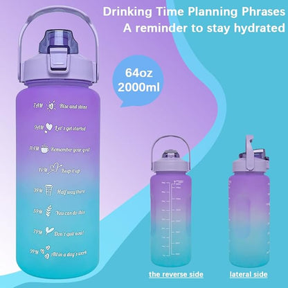 64 oz Large Capacity Water Bottle with Motivational Time Markers and Straw, Portable, Leakproof, BPA Free for Fitness, Gym and Outdoor Sports. (Purple)