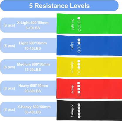 40 Pcs Resistance Bands Bulk, Loop Exercise Bands Set for Gym Members Sports Class Students Gift, 5 Pieces Each Set with Storage Bag, Fitness Bands for Outdoor Home Gym Yoga Pilates