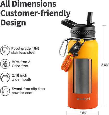 32 oz Insulated Water Bottle with Straw, Stainless Steel Triple Wall Vacuum Sports Water Jug, Leakproof Hydro Cup Flask with Paracord Handle & Straw Spout Lids & DIY Stickers