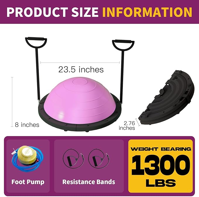 Vtory Foldable Balance Ball, Upgrate Half Ball Balance Trainer, 1300 lbs Capacity Stability Ball, 23.5 Inch Yoga Half Ball, with Resistance Band & Foot Pump, No-slip Blue Pink