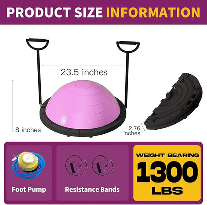Vtory Foldable Balance Ball, Upgrate Half Ball Balance Trainer, 1300 lbs Capacity Stability Ball, 23.5 Inch Yoga Half Ball, with Resistance Band & Foot Pump, No-slip Blue Pink