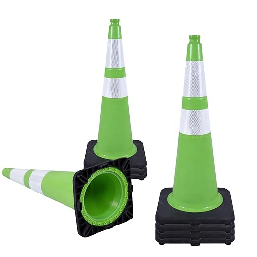 8 Pack 28 Inch Green PVC Traffic Cones Black Base Stable Flexible, Road Safety Construction Zone Crowd Control Safety Cones Outdoor Use (8, Green, 28 Inch)